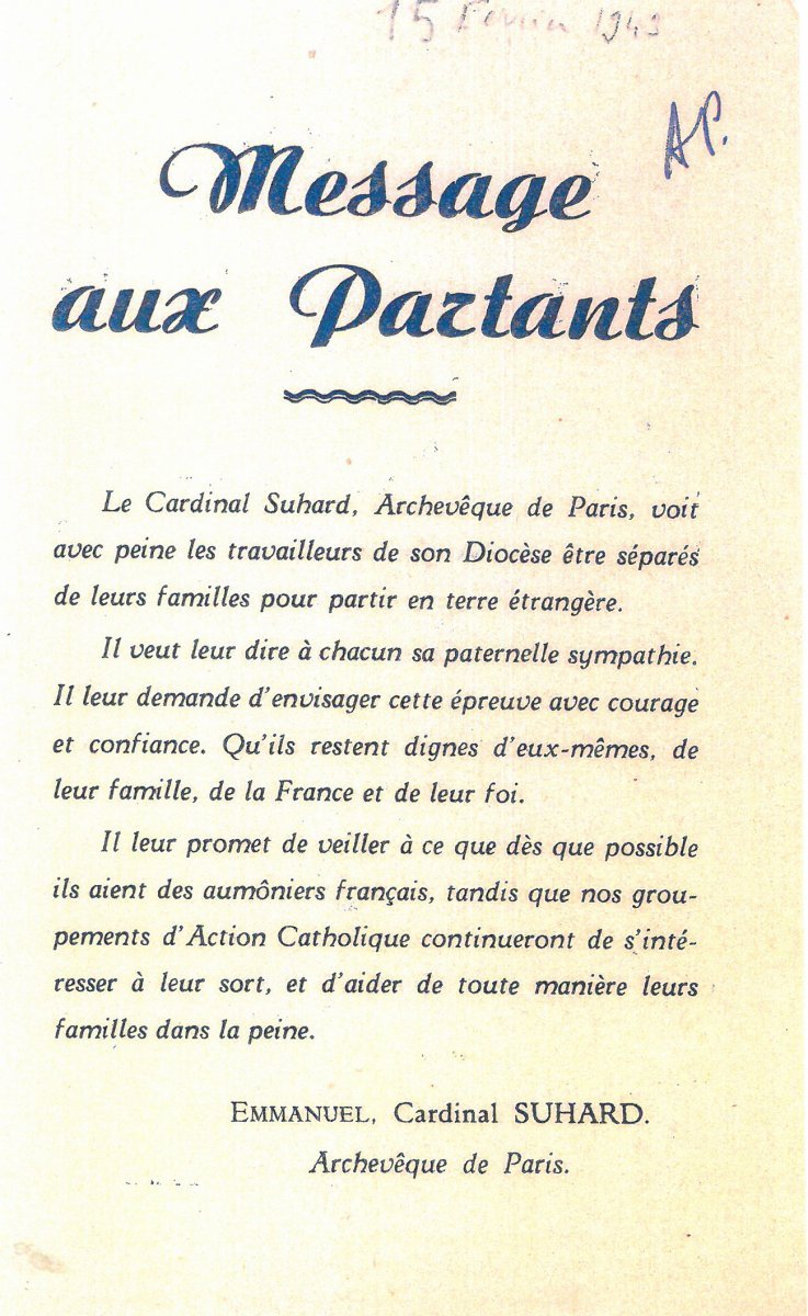Tract envoyé par le cardinal Emmanuel Suhard, archevêque de Paris, aux (…). © Archives Historiques de l'Archevêché de Paris.